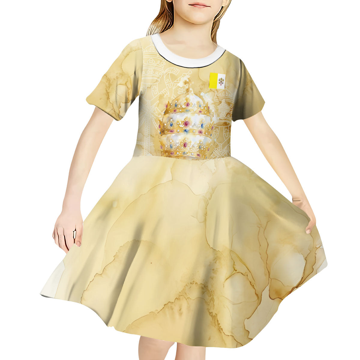 Vatican City St Peters Basilica Kid Short Sleeve Dress Papal Tiara - Tu Es Petrus Catholic Watercolor