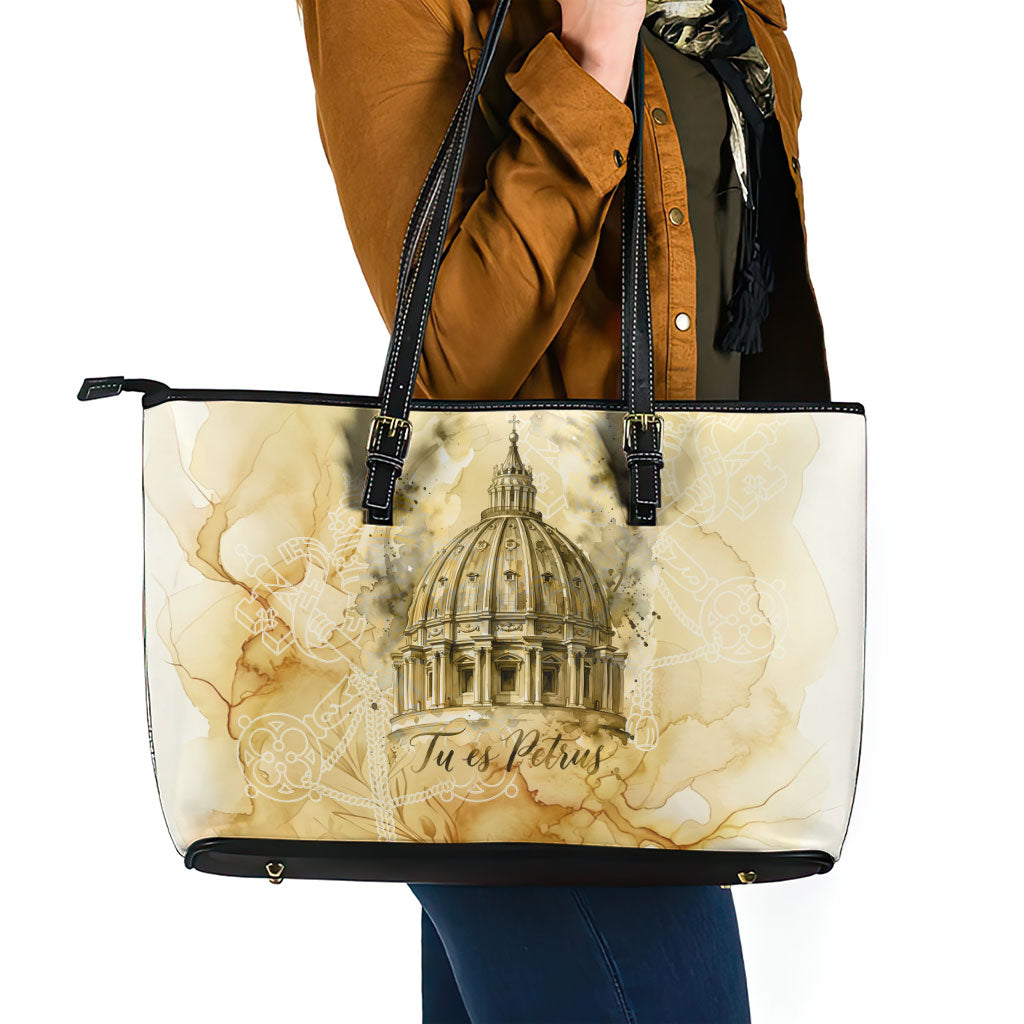 Vatican City St Peters Basilica Leather Tote Bag Papal Tiara - Tu Es Petrus Catholic Watercolor