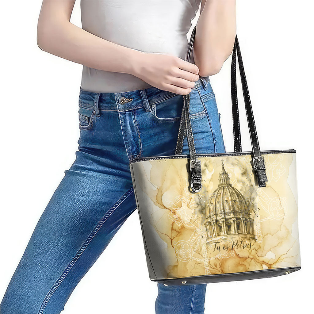 Vatican City St Peters Basilica Leather Tote Bag Papal Tiara - Tu Es Petrus Catholic Watercolor