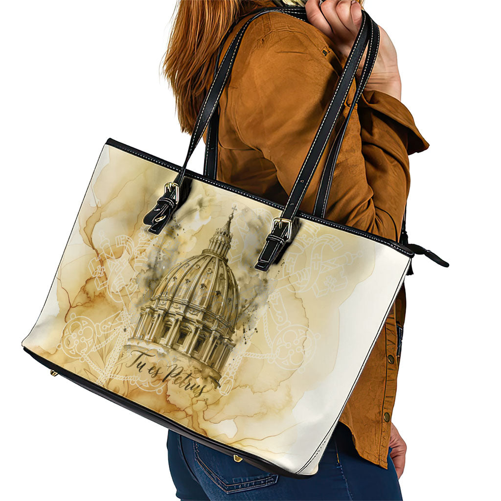 Vatican City St Peters Basilica Leather Tote Bag Papal Tiara - Tu Es Petrus Catholic Watercolor