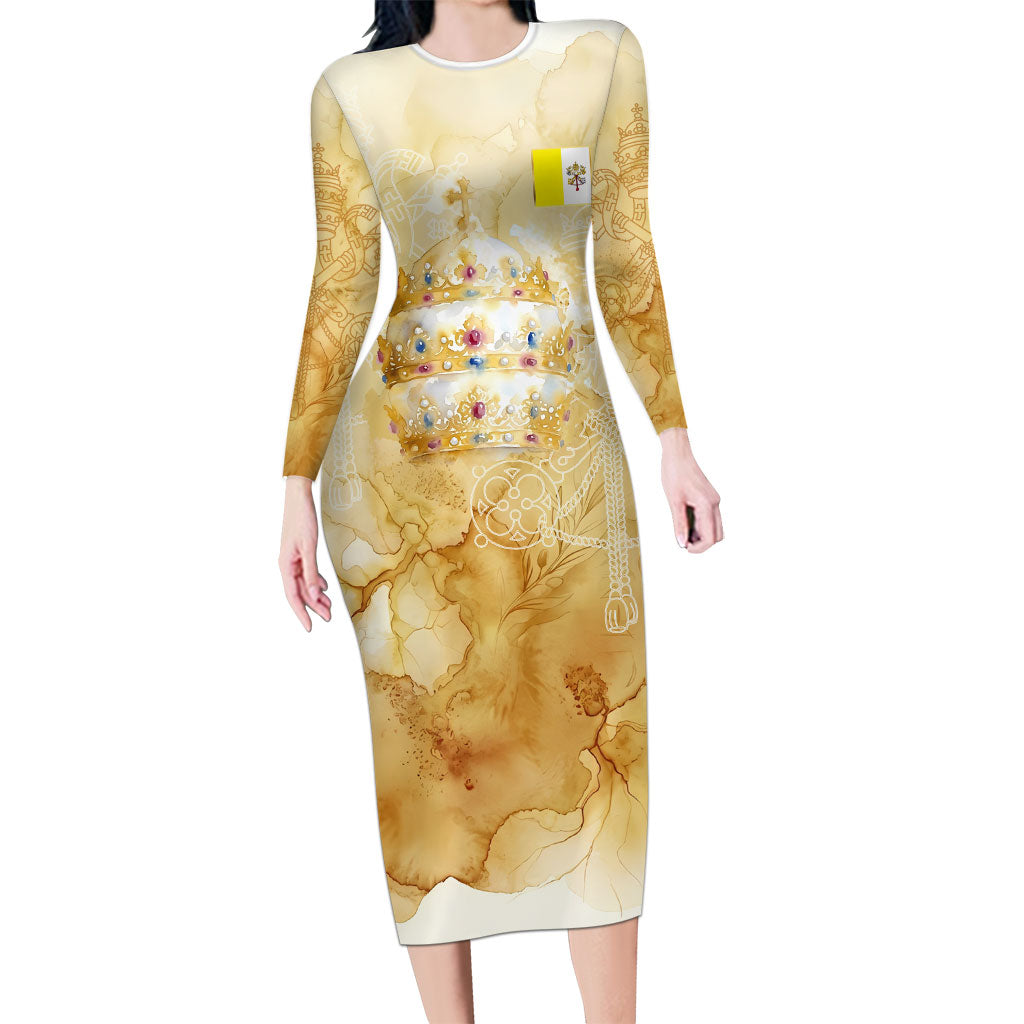 Vatican City St Peters Basilica Long Sleeve Bodycon Dress Papal Tiara - Tu Es Petrus Catholic Watercolor