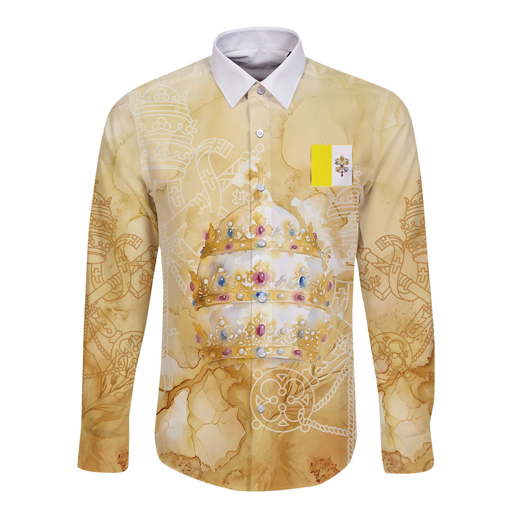 Vatican City St Peters Basilica Long Sleeve Button Shirt Papal Tiara - Tu Es Petrus Catholic Watercolor