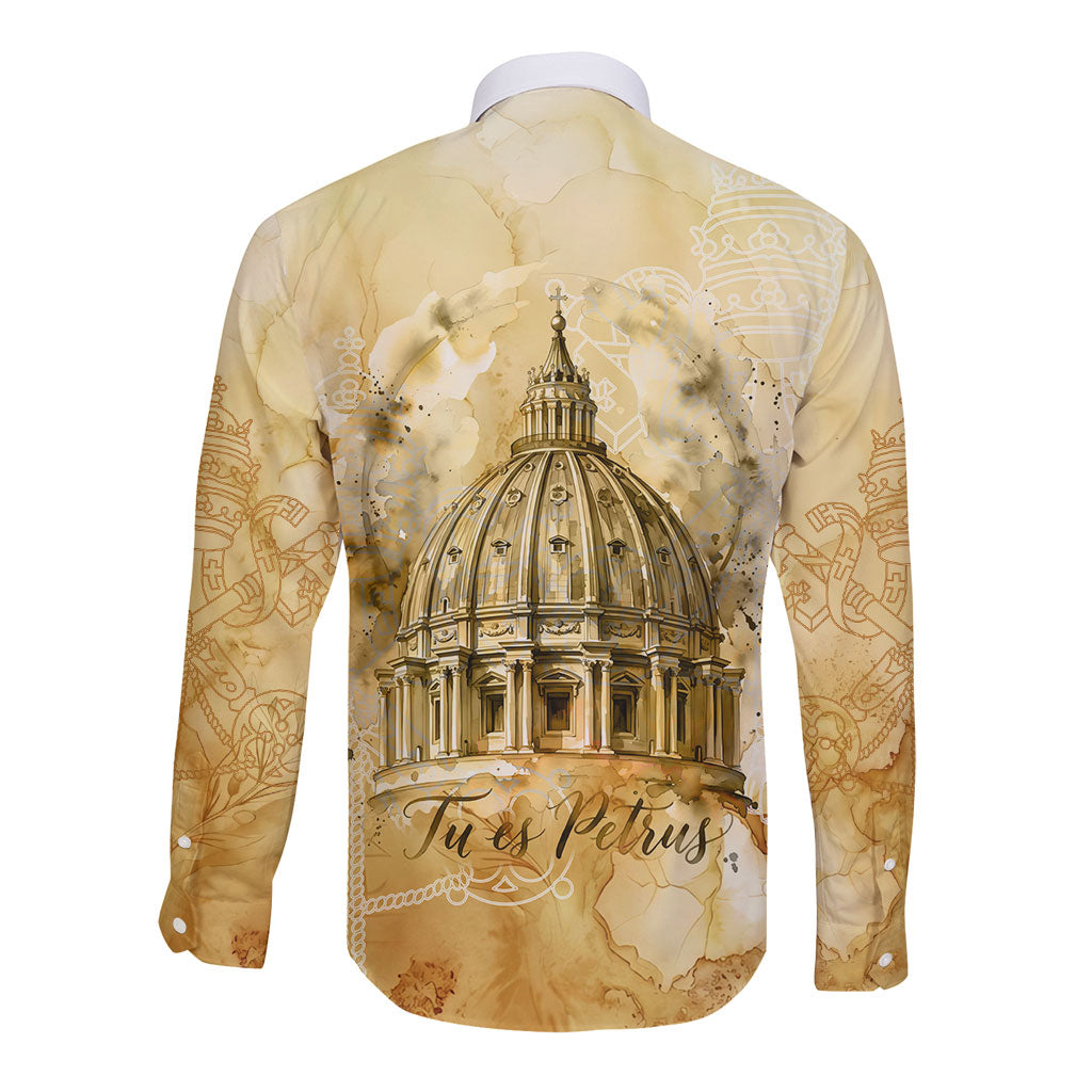 Vatican City St Peters Basilica Long Sleeve Button Shirt Papal Tiara - Tu Es Petrus Catholic Watercolor