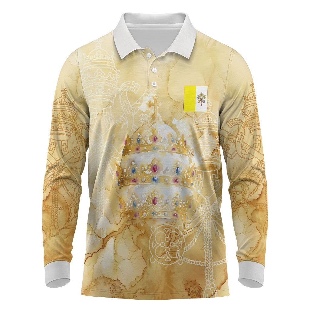 Vatican City St Peters Basilica Long Sleeve Polo Shirt Papal Tiara - Tu Es Petrus Catholic Watercolor