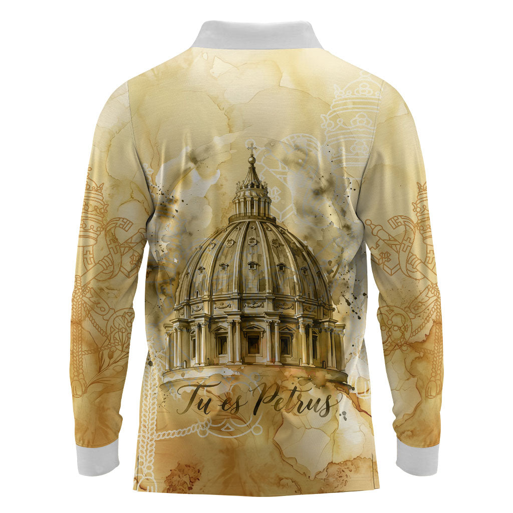 Vatican City St Peters Basilica Long Sleeve Polo Shirt Papal Tiara - Tu Es Petrus Catholic Watercolor