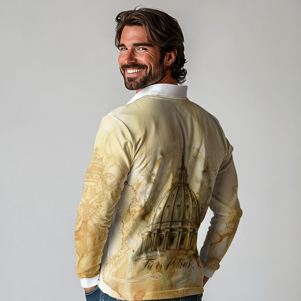 Vatican City St Peters Basilica Long Sleeve Polo Shirt Papal Tiara - Tu Es Petrus Catholic Watercolor
