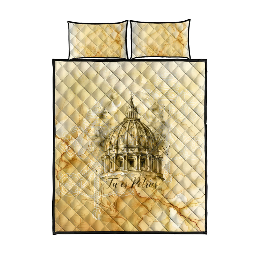 Vatican City St Peters Basilica Quilt Bed Set Papal Tiara - Tu Es Petrus Catholic Watercolor