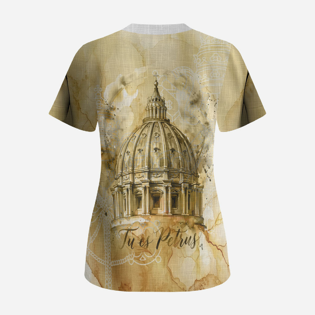 Vatican City St Peters Basilica Scrub Top Papal Tiara - Tu Es Petrus Catholic Watercolor