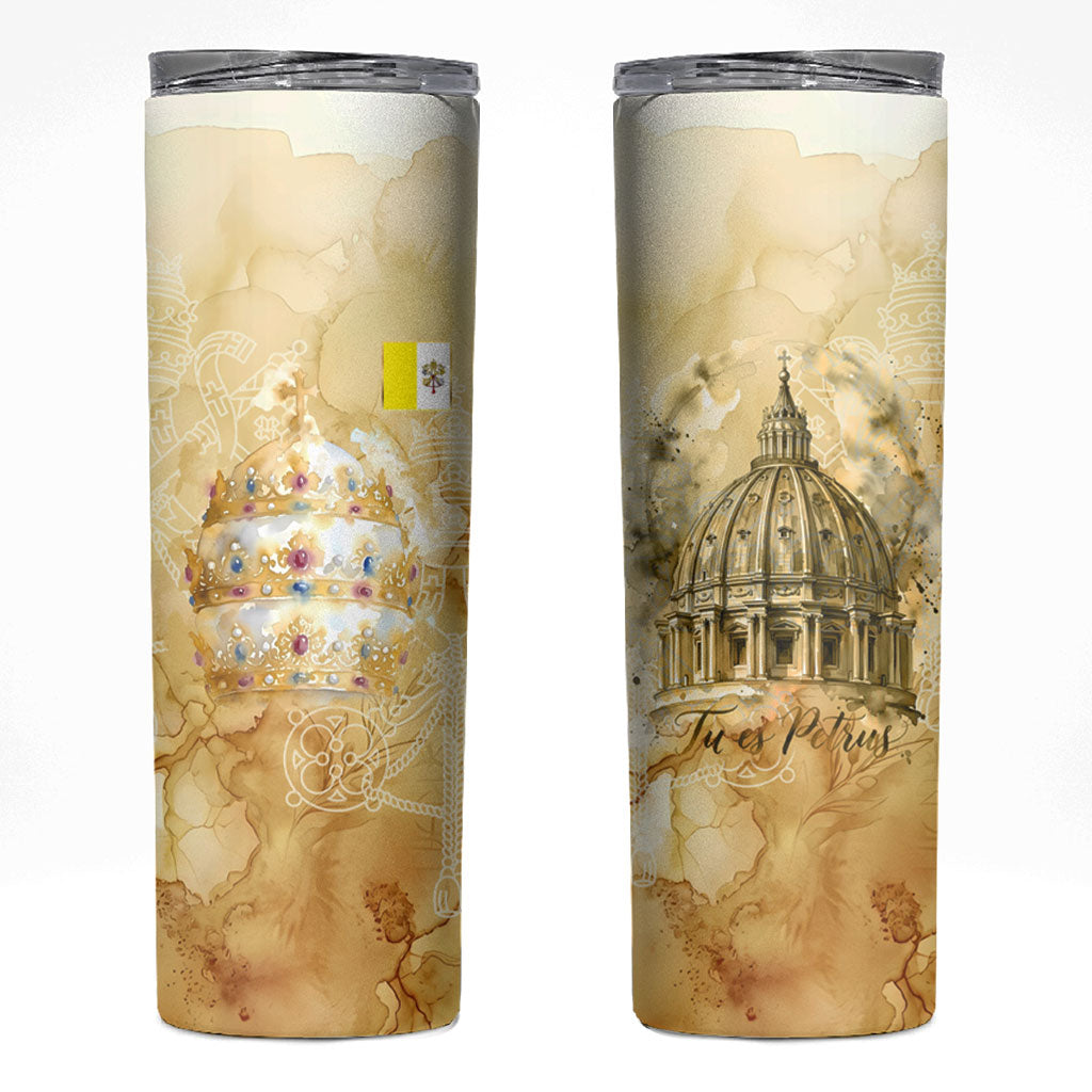 Vatican City St Peters Basilica Skinny Tumbler Papal Tiara - Tu Es Petrus Catholic Watercolor