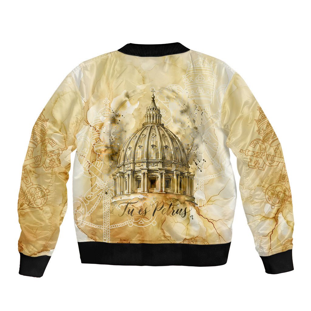 Vatican City St Peters Basilica Sleeve Zip Bomber Jacket Papal Tiara - Tu Es Petrus Catholic Watercolor