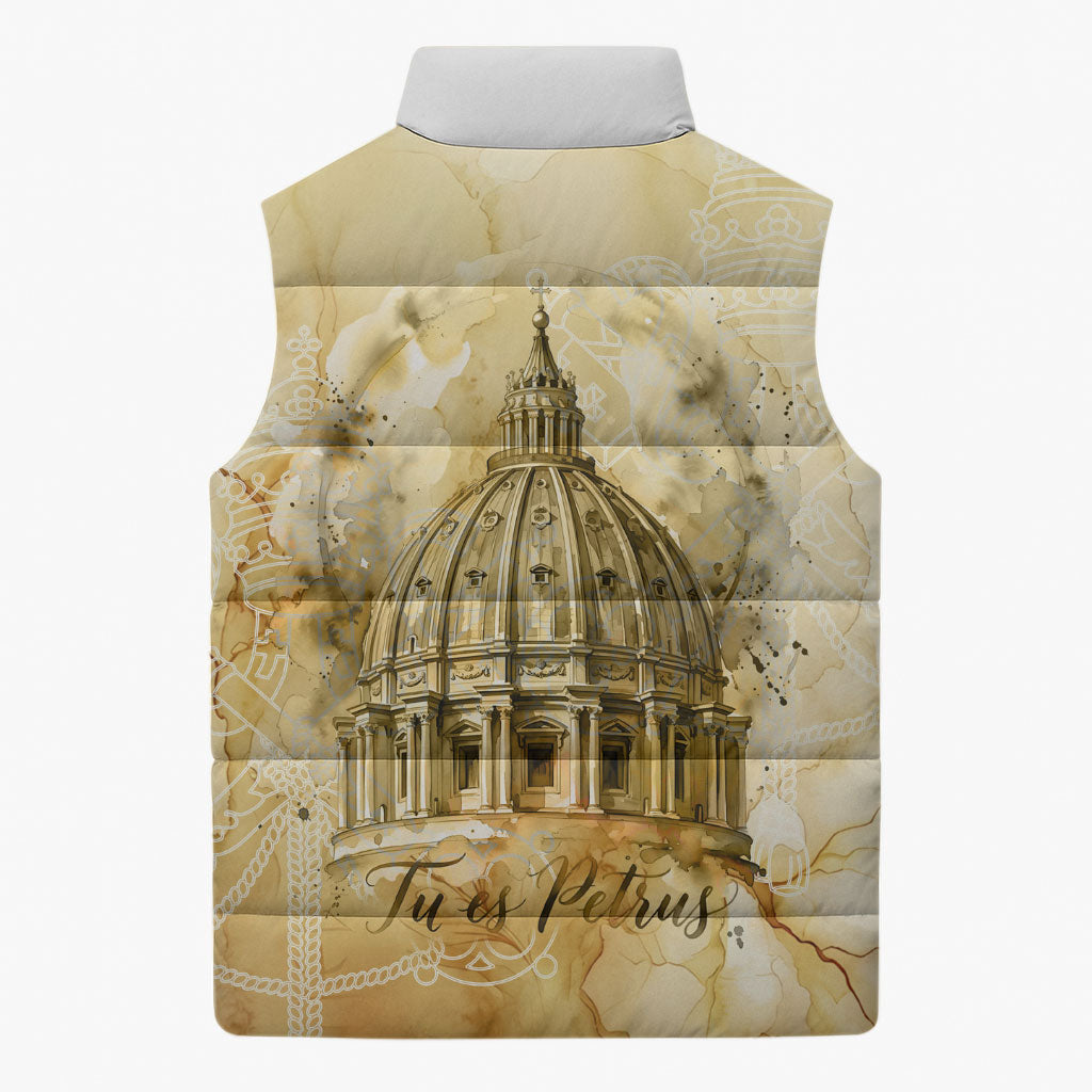 Vatican City St Peters Basilica Sleeveless Puffer Jacket Papal Tiara - Tu Es Petrus Catholic Watercolor