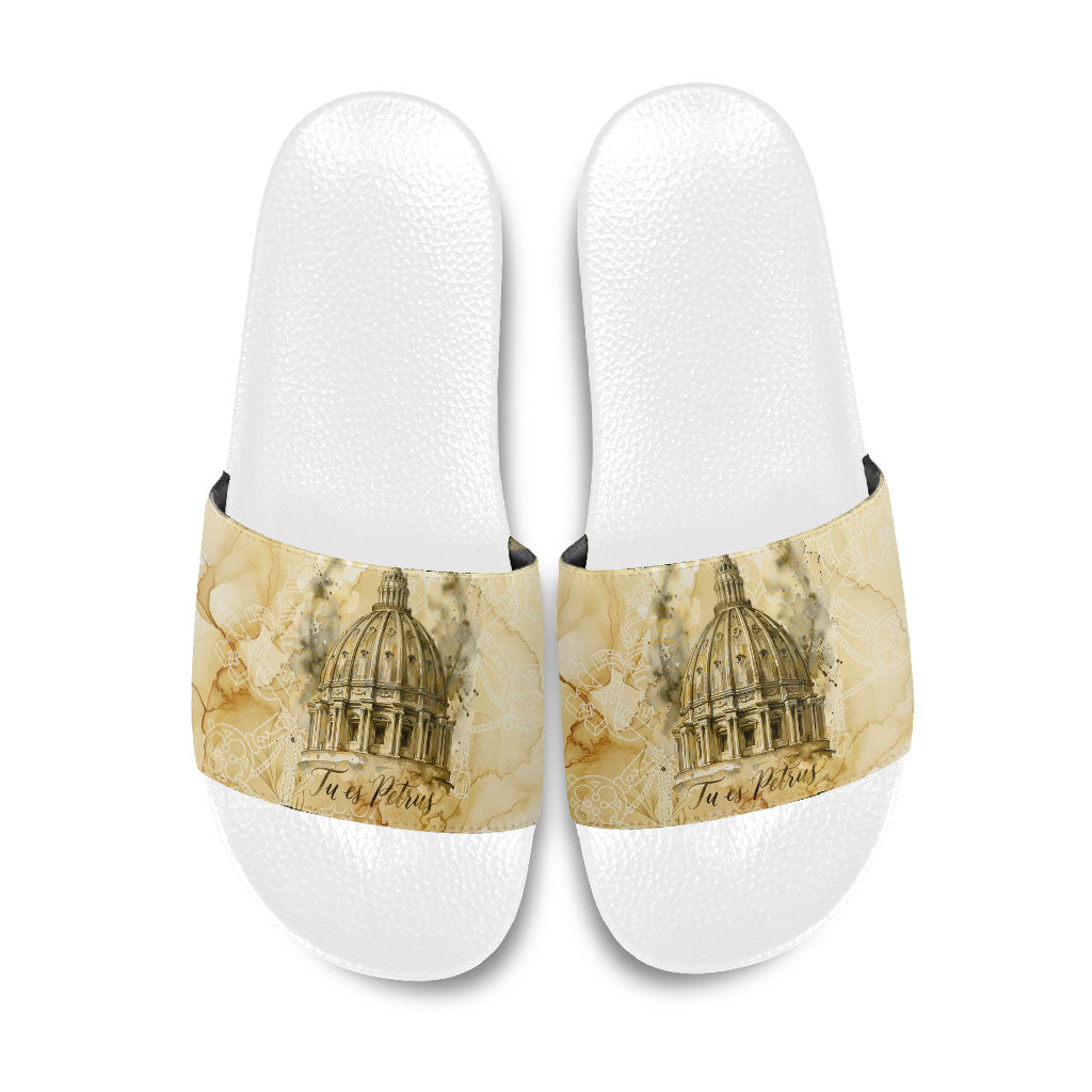 Vatican City St Peters Basilica Slide Sandals Papal Tiara - Tu Es Petrus Catholic Watercolor