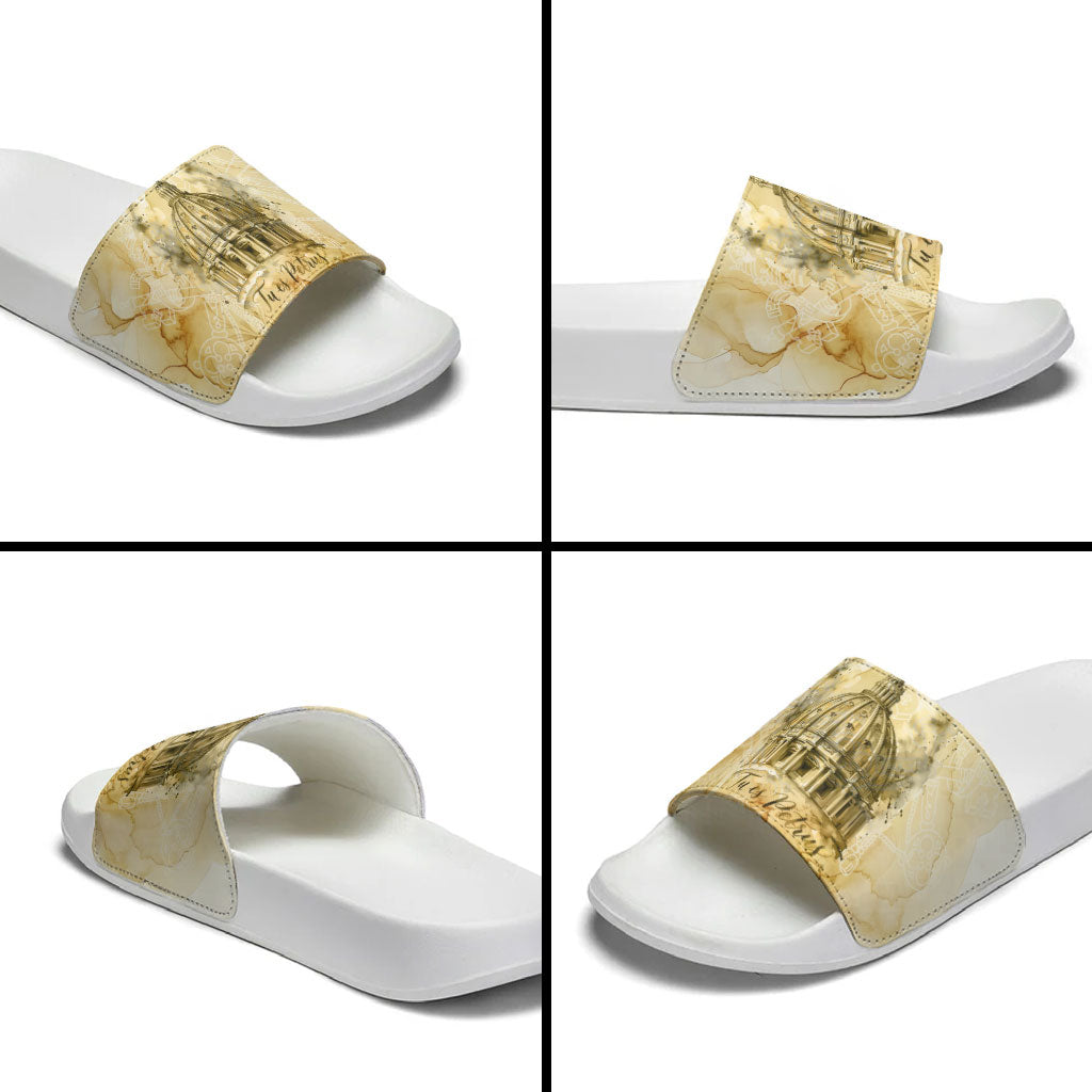 Vatican City St Peters Basilica Slide Sandals Papal Tiara - Tu Es Petrus Catholic Watercolor