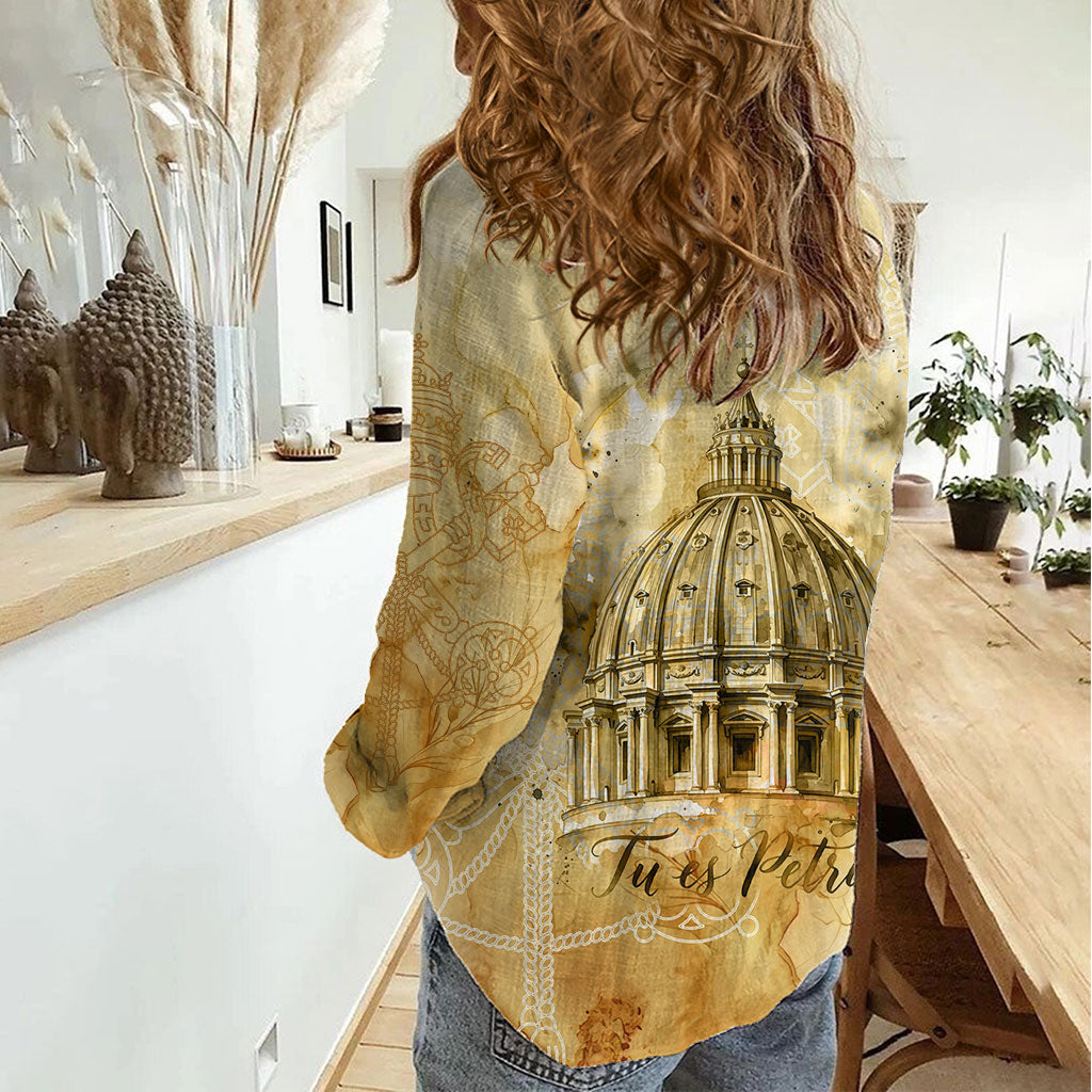 Vatican City St Peters Basilica Women Casual Shirt Papal Tiara - Tu Es Petrus Catholic Watercolor
