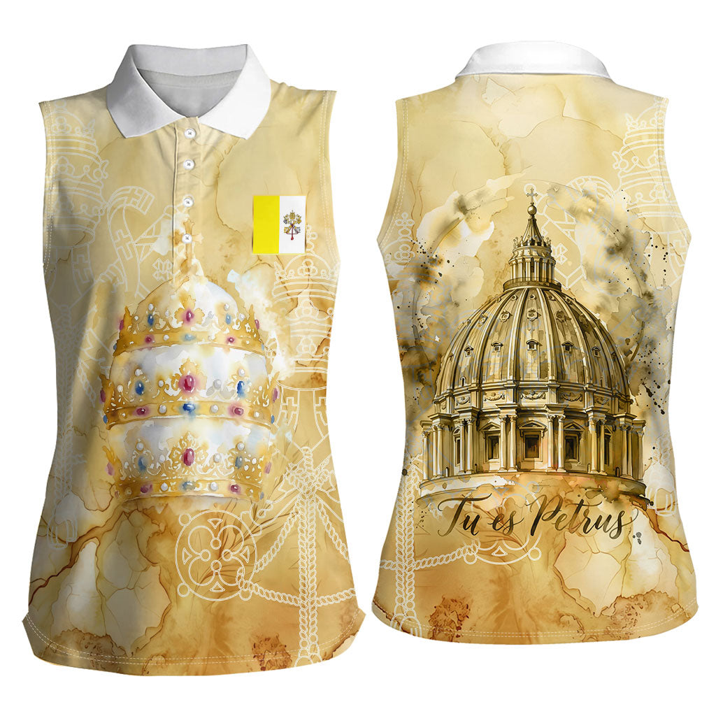 Vatican City St Peters Basilica Women Sleeveless Polo Shirt Papal Tiara - Tu Es Petrus Catholic Watercolor
