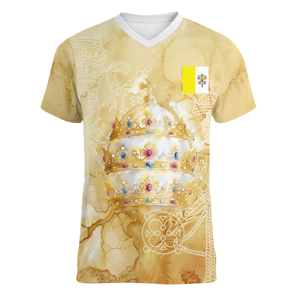 Vatican City St Peters Basilica Women V-Neck T-Shirt Papal Tiara - Tu Es Petrus Catholic Watercolor