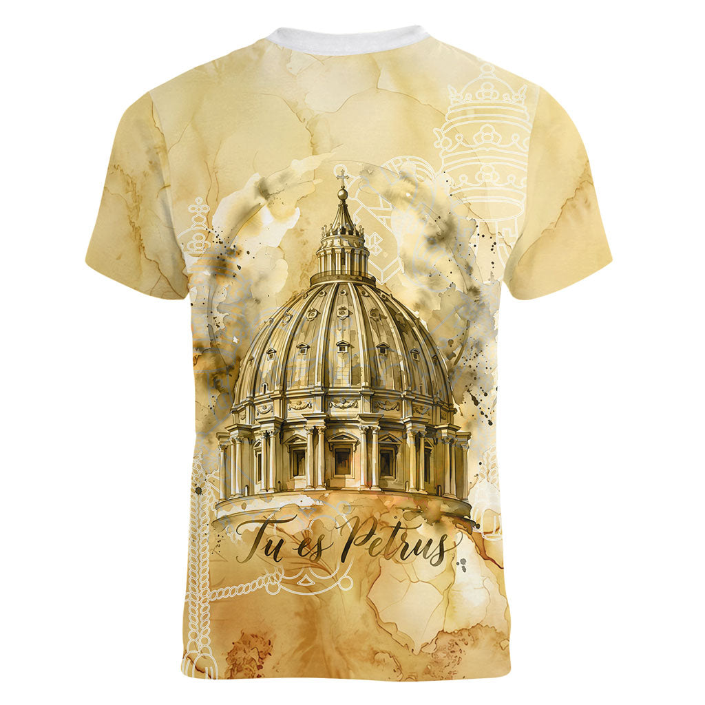 Vatican City St Peters Basilica Women V-Neck T-Shirt Papal Tiara - Tu Es Petrus Catholic Watercolor