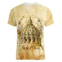 Vatican City St Peters Basilica Women V-Neck T-Shirt Papal Tiara - Tu Es Petrus Catholic Watercolor