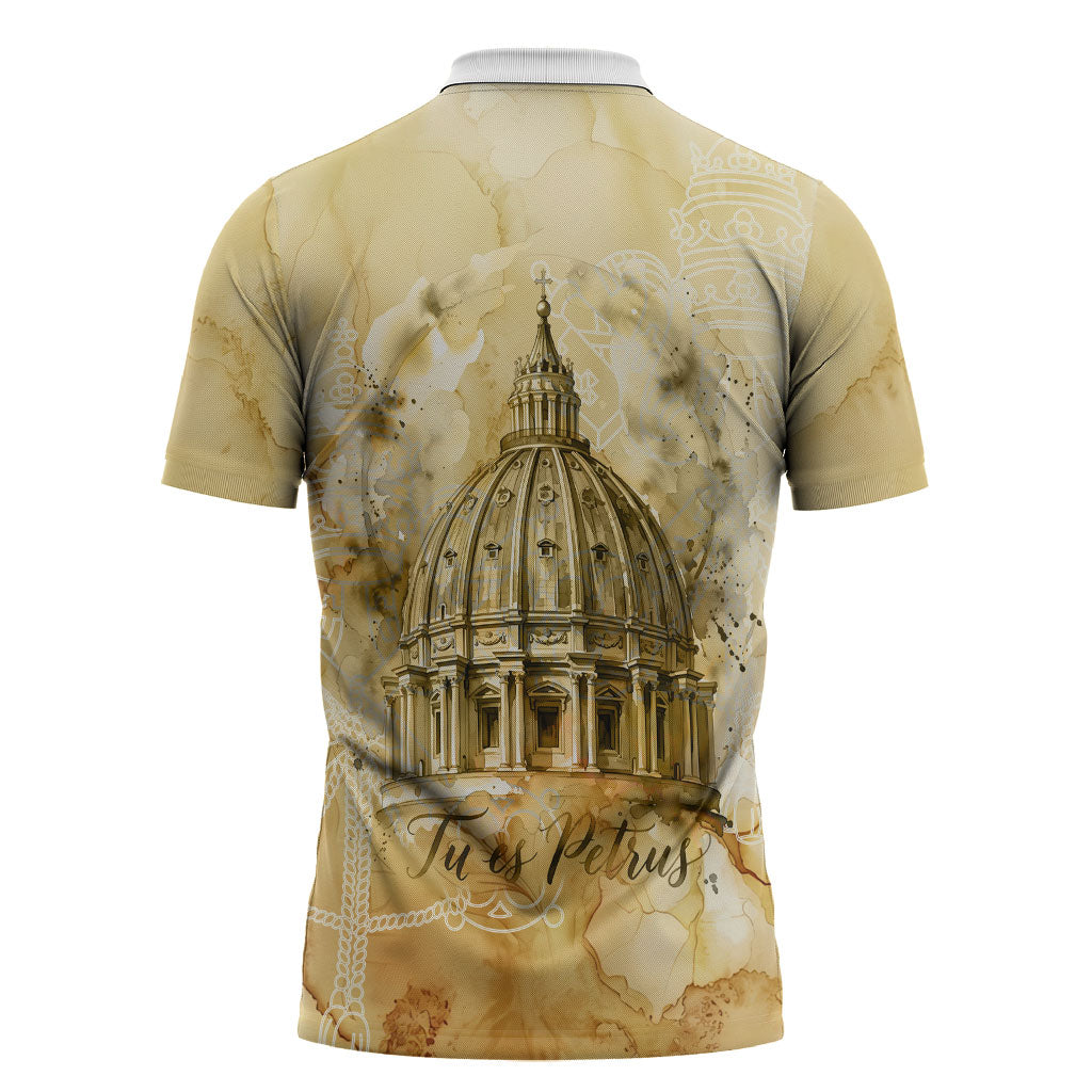 Vatican City St Peters Basilica Zipper Polo Shirt Papal Tiara - Tu Es Petrus Catholic Watercolor