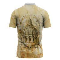 Vatican City St Peters Basilica Zipper Polo Shirt Papal Tiara - Tu Es Petrus Catholic Watercolor