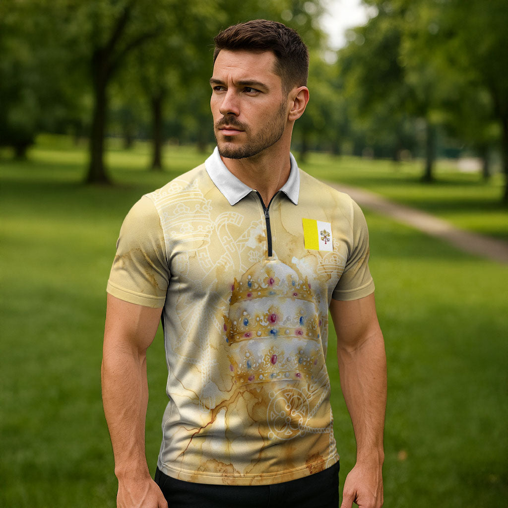 Vatican City St Peters Basilica Zipper Polo Shirt Papal Tiara - Tu Es Petrus Catholic Watercolor