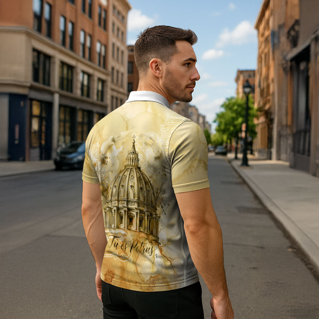 Vatican City St Peters Basilica Zipper Polo Shirt Papal Tiara - Tu Es Petrus Catholic Watercolor