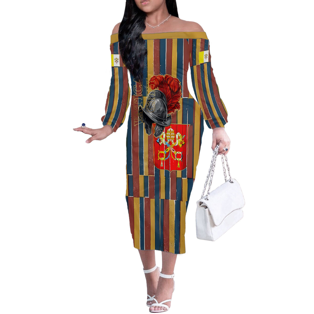 Vatican City Swiss Guard Protectors Of The Holy See Off The Shoulder Long Sleeve Dress Renaissance Uniform Stripes Catholic Military History