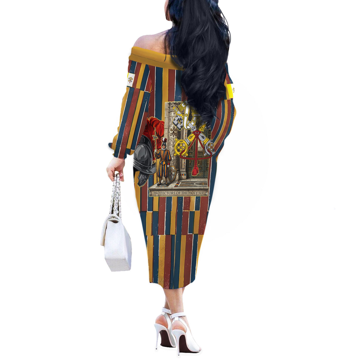Vatican City Swiss Guard Protectors Of The Holy See Off The Shoulder Long Sleeve Dress Renaissance Uniform Stripes Catholic Military History
