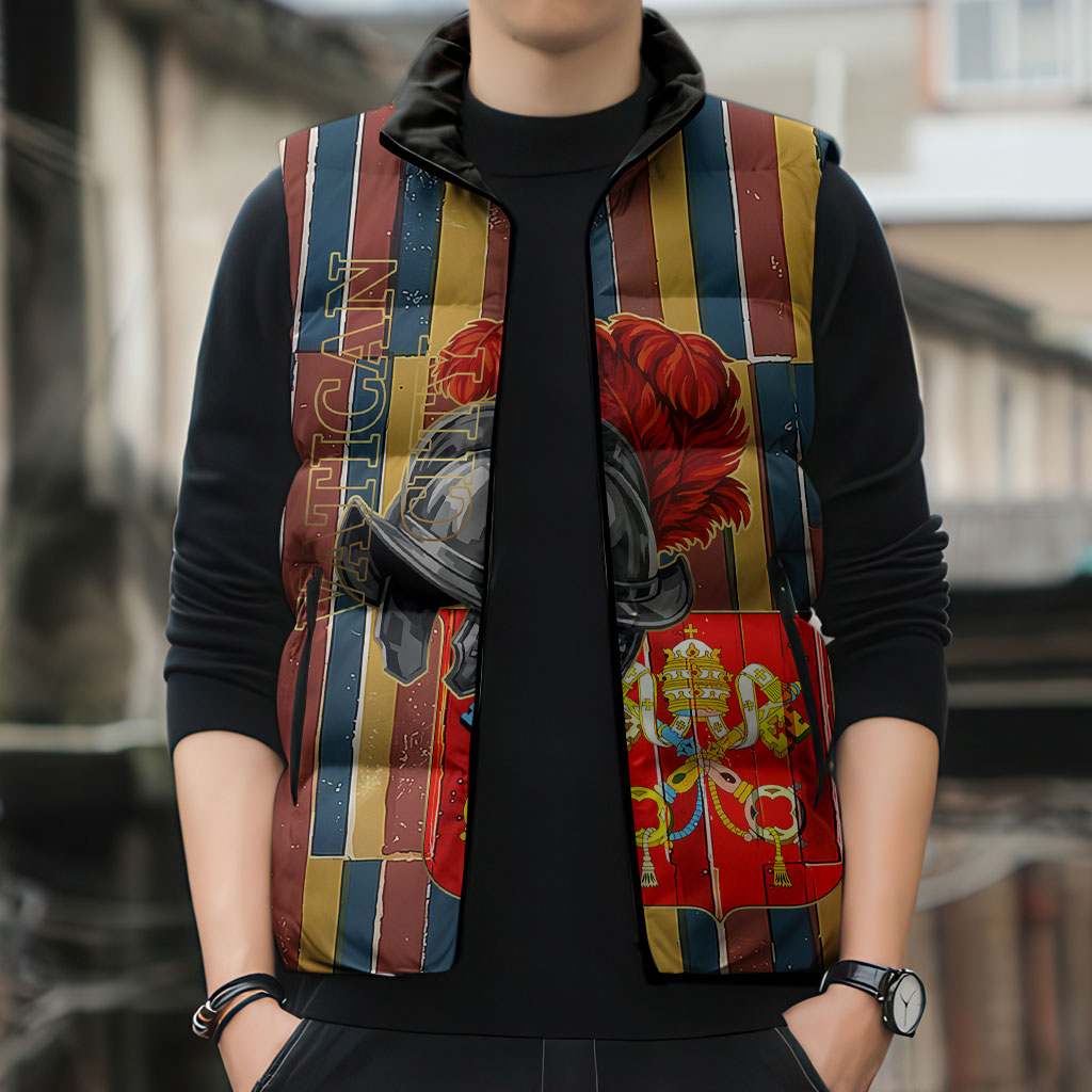 Vatican City Swiss Guard Protectors Of The Holy See Sleeveless Puffer Jacket Renaissance Uniform Stripes Catholic Military History