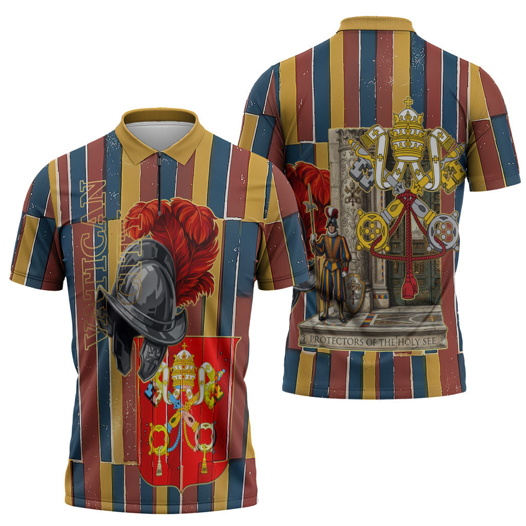 Vatican City Swiss Guard Protectors Of The Holy See Zipper Polo Shirt Renaissance Uniform Stripes Catholic Military History