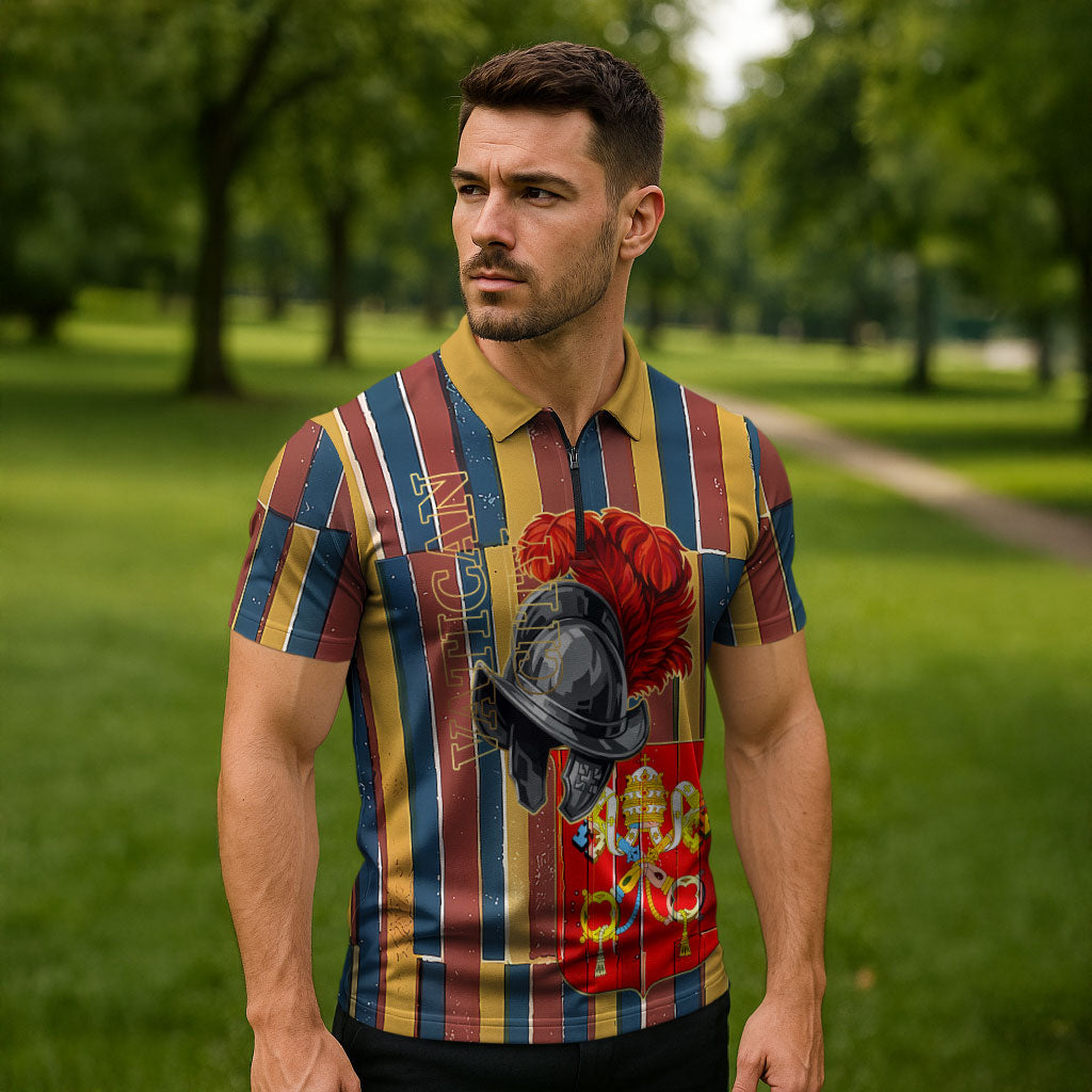 Vatican City Swiss Guard Protectors Of The Holy See Zipper Polo Shirt Renaissance Uniform Stripes Catholic Military History