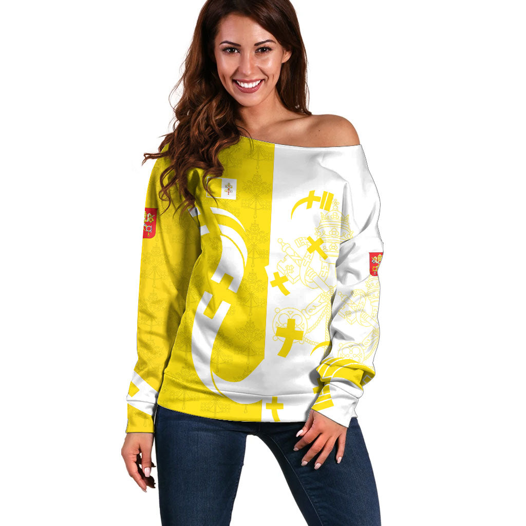 Coat Of Arms Flag of Vatican City Off Shoulder Sweater Catholic Cross Heritage Symbol