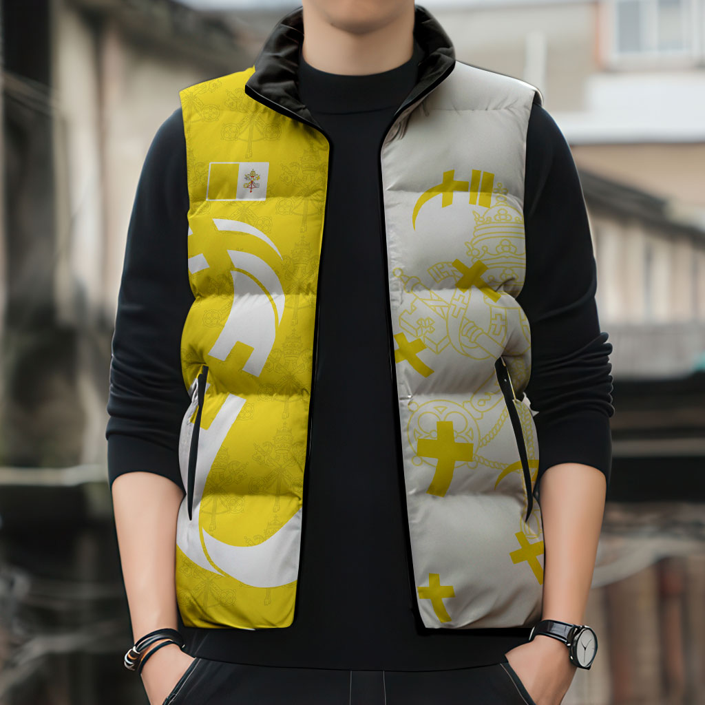 Coat Of Arms Flag of Vatican City Sleeveless Puffer Jacket Catholic Cross Heritage Symbol