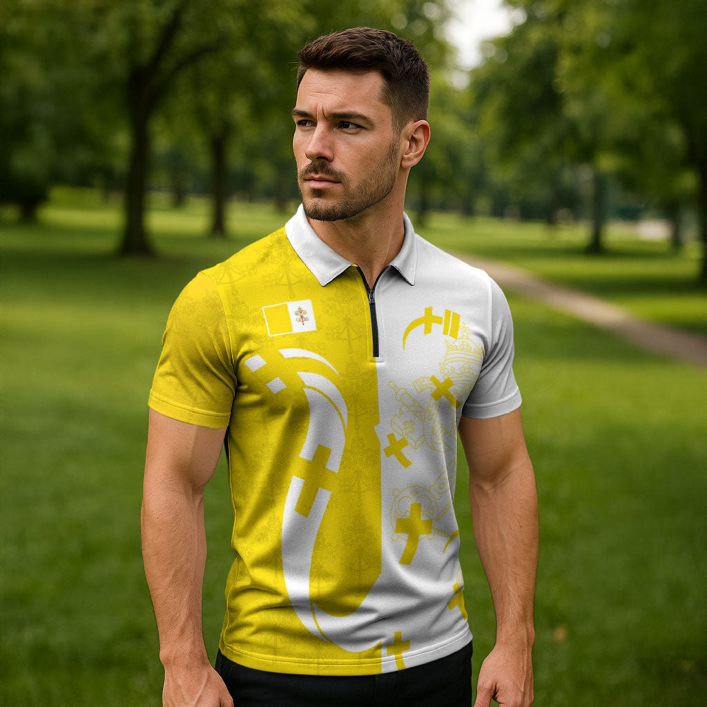 Coat Of Arms Flag of Vatican City Zipper Polo Shirt Catholic Cross Heritage Symbol