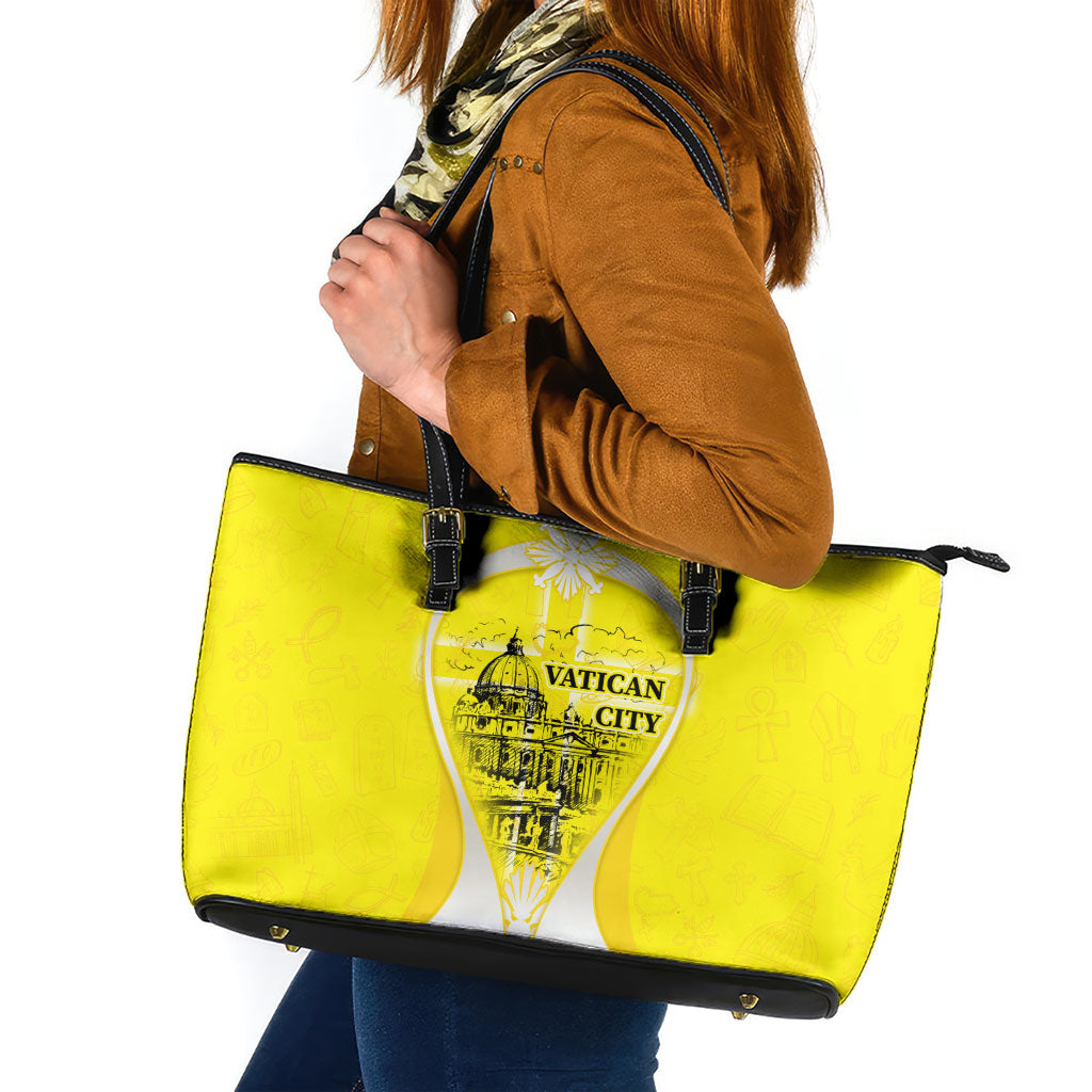 Saint Peters Basilica Vatican City Leather Tote Bag Basilica Dome Catholic Cross Religious - Coat Of Arms Sketch Art