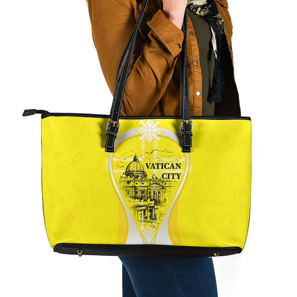 Saint Peters Basilica Vatican City Leather Tote Bag Basilica Dome Catholic Cross Religious - Coat Of Arms Sketch Art