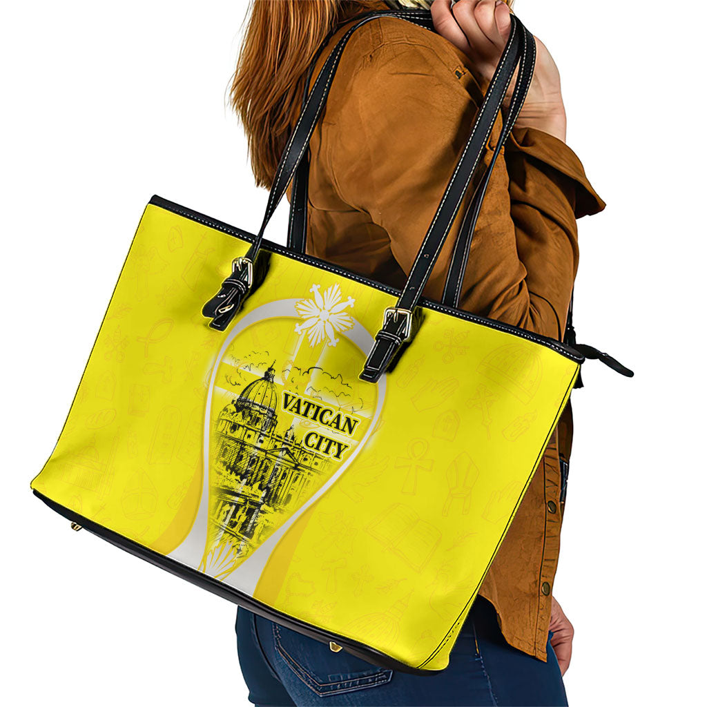 Saint Peters Basilica Vatican City Leather Tote Bag Basilica Dome Catholic Cross Religious - Coat Of Arms Sketch Art