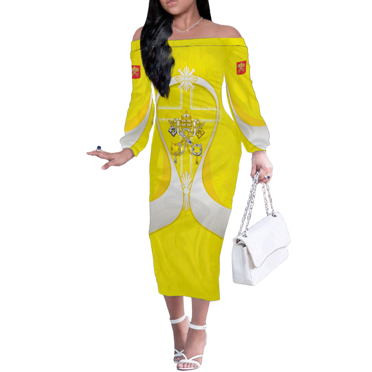 Saint Peters Basilica Vatican City Off The Shoulder Long Sleeve Dress Basilica Dome Catholic Cross Religious - Coat Of Arms Sketch Art