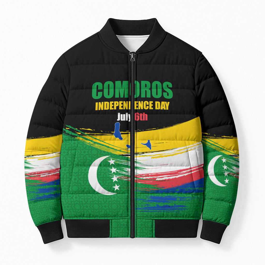 Comoros Independence Day Bomber Puffer Jacket Comorian Flag Brush Stroke National Pride Graphic