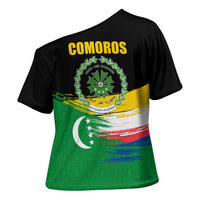 Comoros Independence Day Cross Shoulder Shirt Comorian Flag Brush Stroke National Pride Graphic