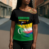 Comoros Independence Day Cross Shoulder Shirt Comorian Flag Brush Stroke National Pride Graphic