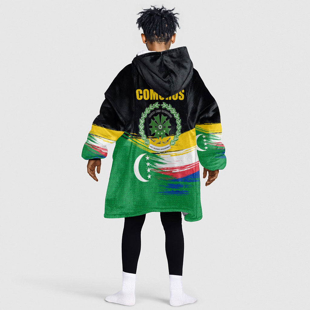 Comoros Independence Day Kid Wearable Blanket Hoodie Comorian Flag Brush Stroke National Pride Graphic