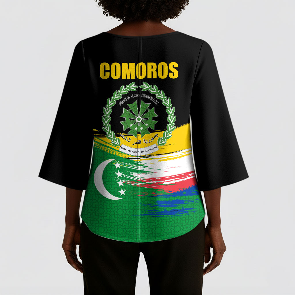 Comoros Independence Day Kimono Sleeve Blouse Comorian Flag Brush Stroke National Pride Graphic