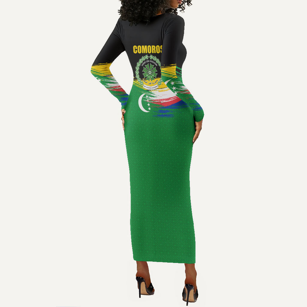 Comoros Independence Day Long Sleeve Bodycon Dress Comorian Flag Brush Stroke National Pride Graphic