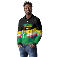 Comoros Independence Day Long Sleeve Polo Shirt Comorian Flag Brush Stroke National Pride Graphic