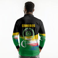 Comoros Independence Day Long Sleeve Polo Shirt Comorian Flag Brush Stroke National Pride Graphic