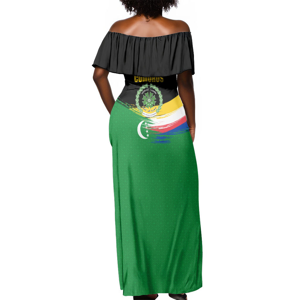 Comoros Independence Day Off Shoulder Maxi Dress Comorian Flag Brush Stroke National Pride Graphic