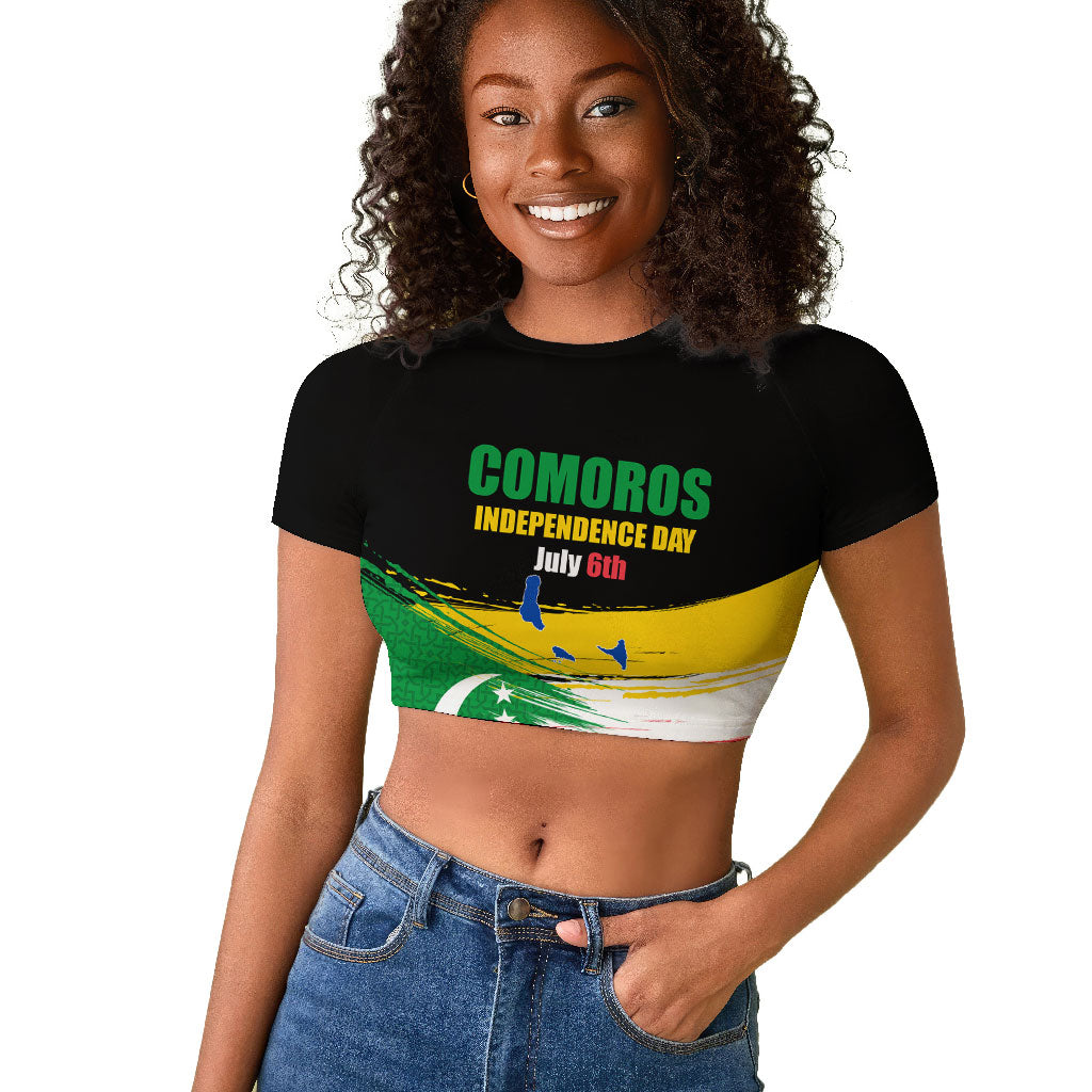 Comoros Independence Day Raglan Cropped T shirt Comorian Flag Brush Stroke National Pride Graphic