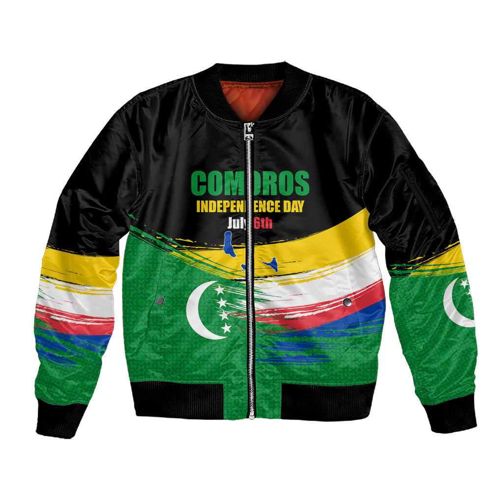 Comoros Independence Day Sleeve Zip Bomber Jacket Comorian Flag Brush Stroke National Pride Graphic