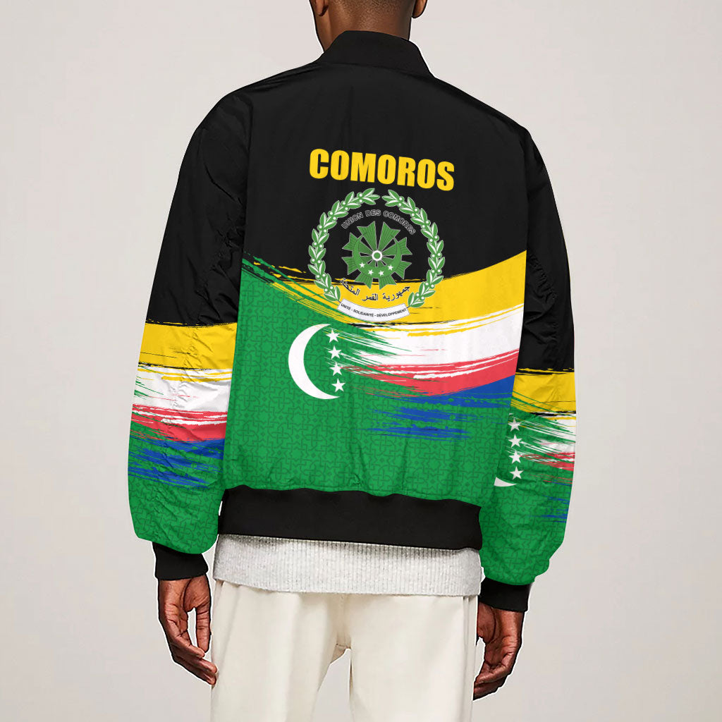 Comoros Independence Day Sleeve Zip Bomber Jacket Comorian Flag Brush Stroke National Pride Graphic